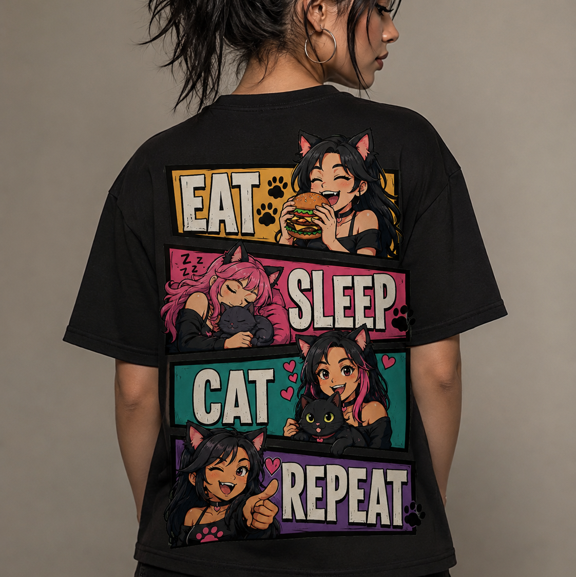 EAT SLEEP CAT REPEAT Premium T-Shirt (Backprint)