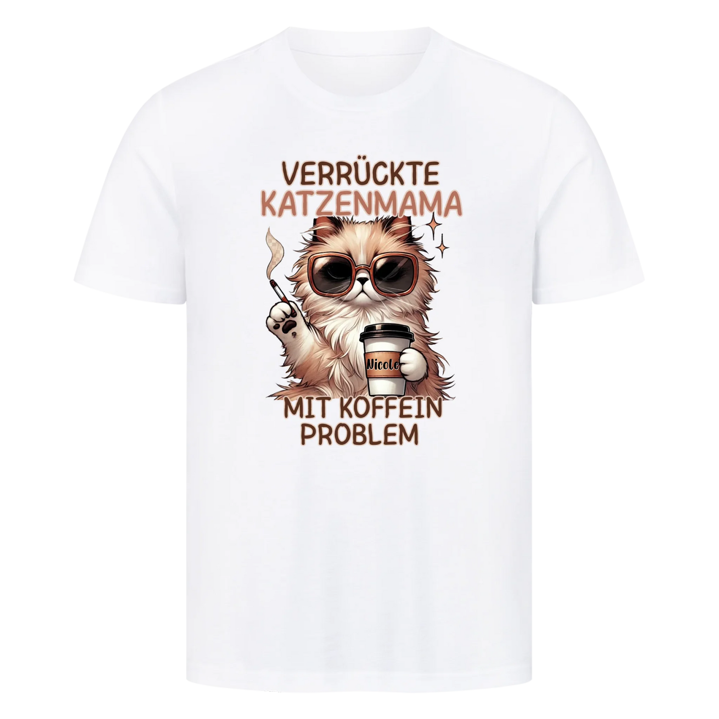 Verrückte Katzen Mama mit Name auf dem Becher- Basic T-Shirt