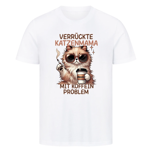 Verrückte Katzen Mama mit Name auf dem Becher- Basic T-Shirt