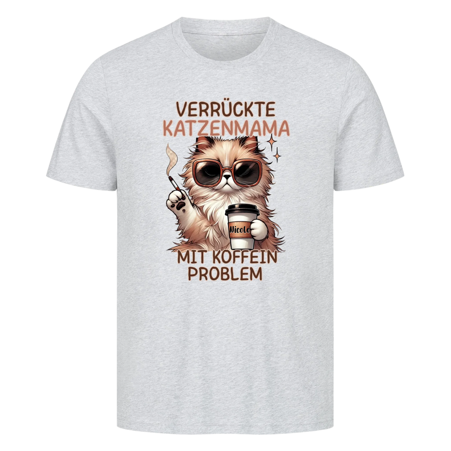 Verrückte Katzen Mama mit Name auf dem Becher- Basic T-Shirt