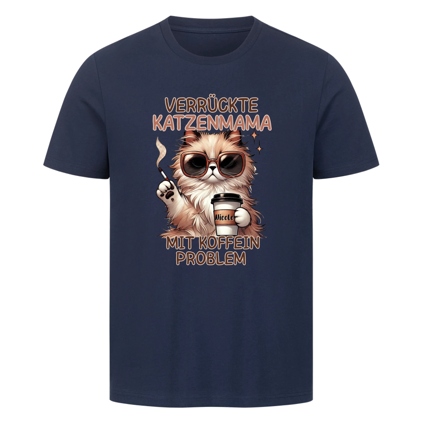 Verrückte Katzen Mama mit Name auf dem Becher- Basic T-Shirt