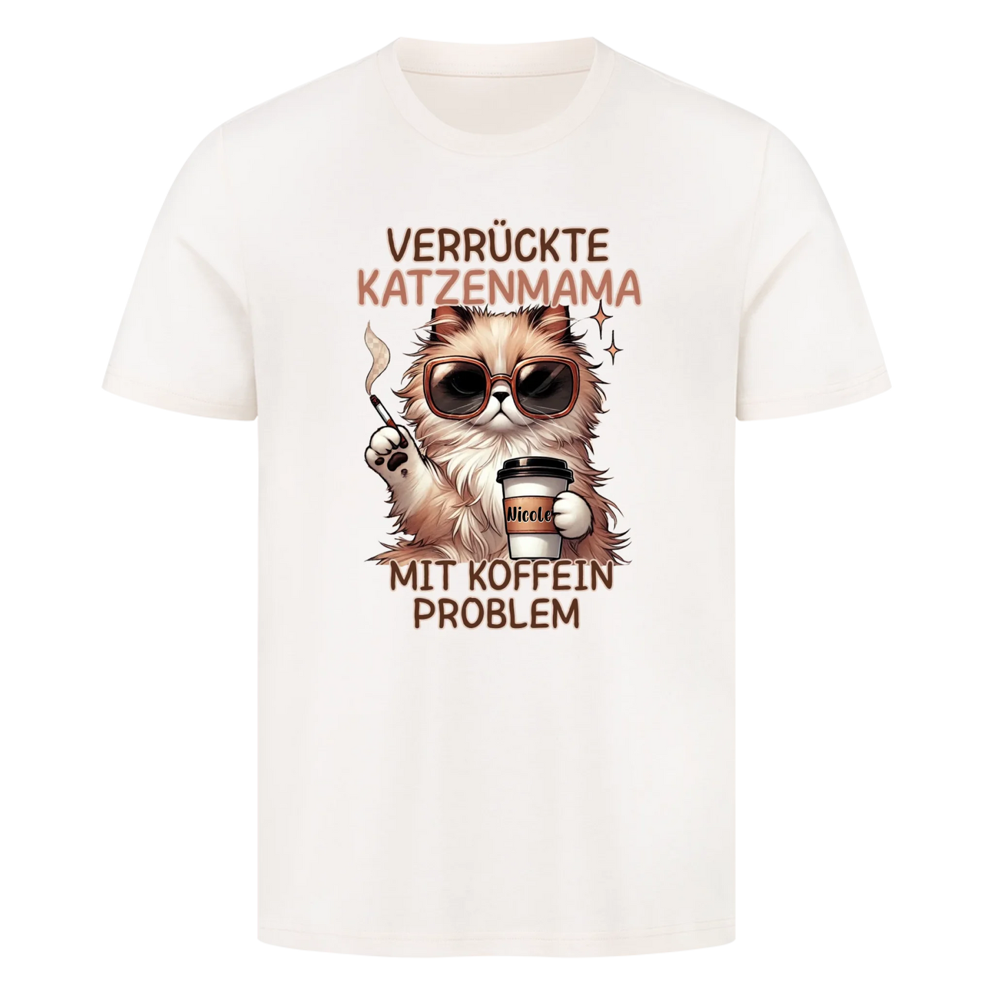 Verrückte Katzen Mama mit Name auf dem Becher- Basic T-Shirt