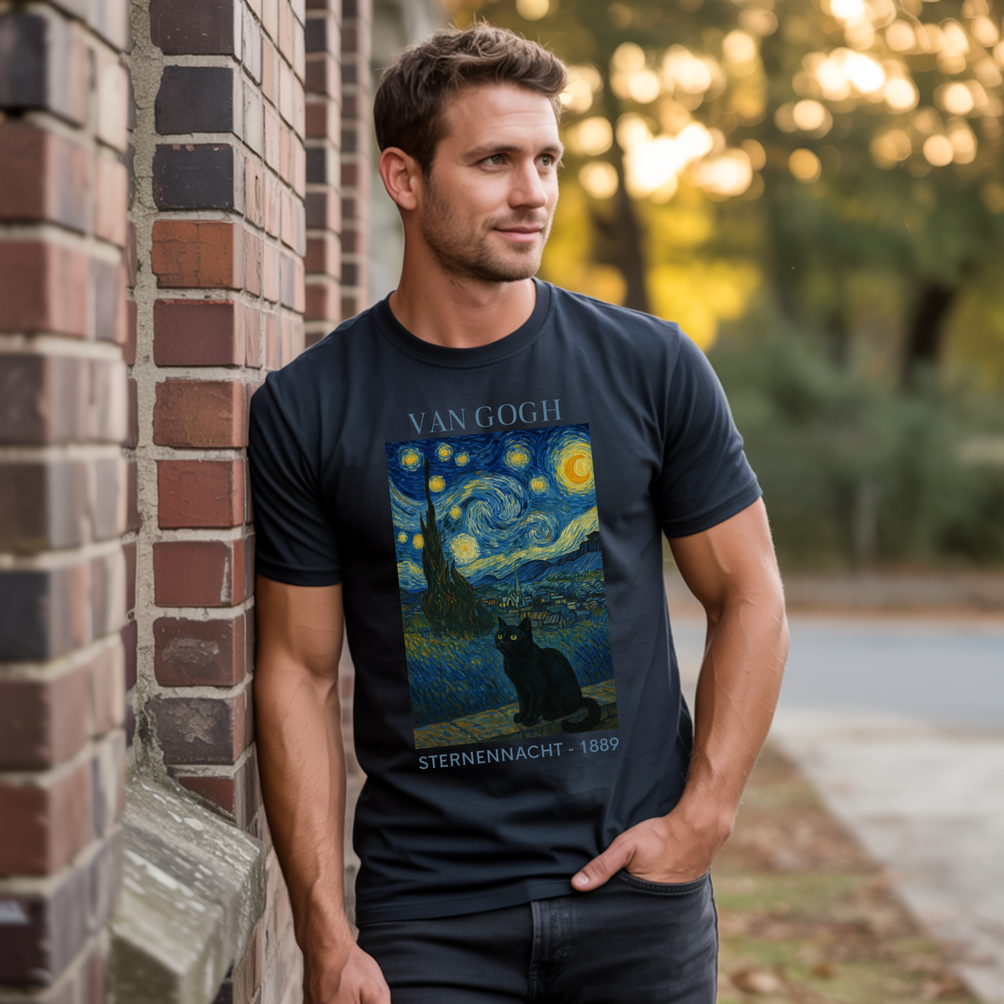 Sternennacht mit Katze - Van Gogh - Premium Unisex T-Shirt
